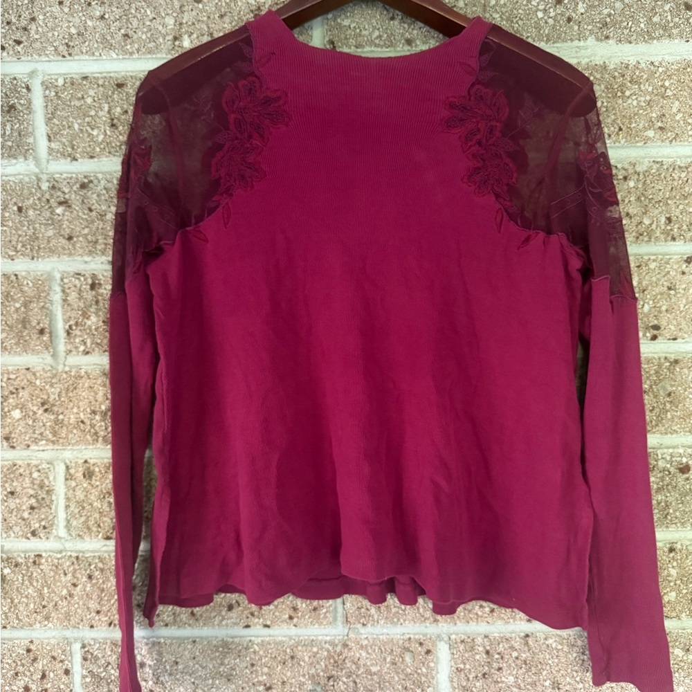 Free People Burgundy Lace Detail Long Sleeve Top